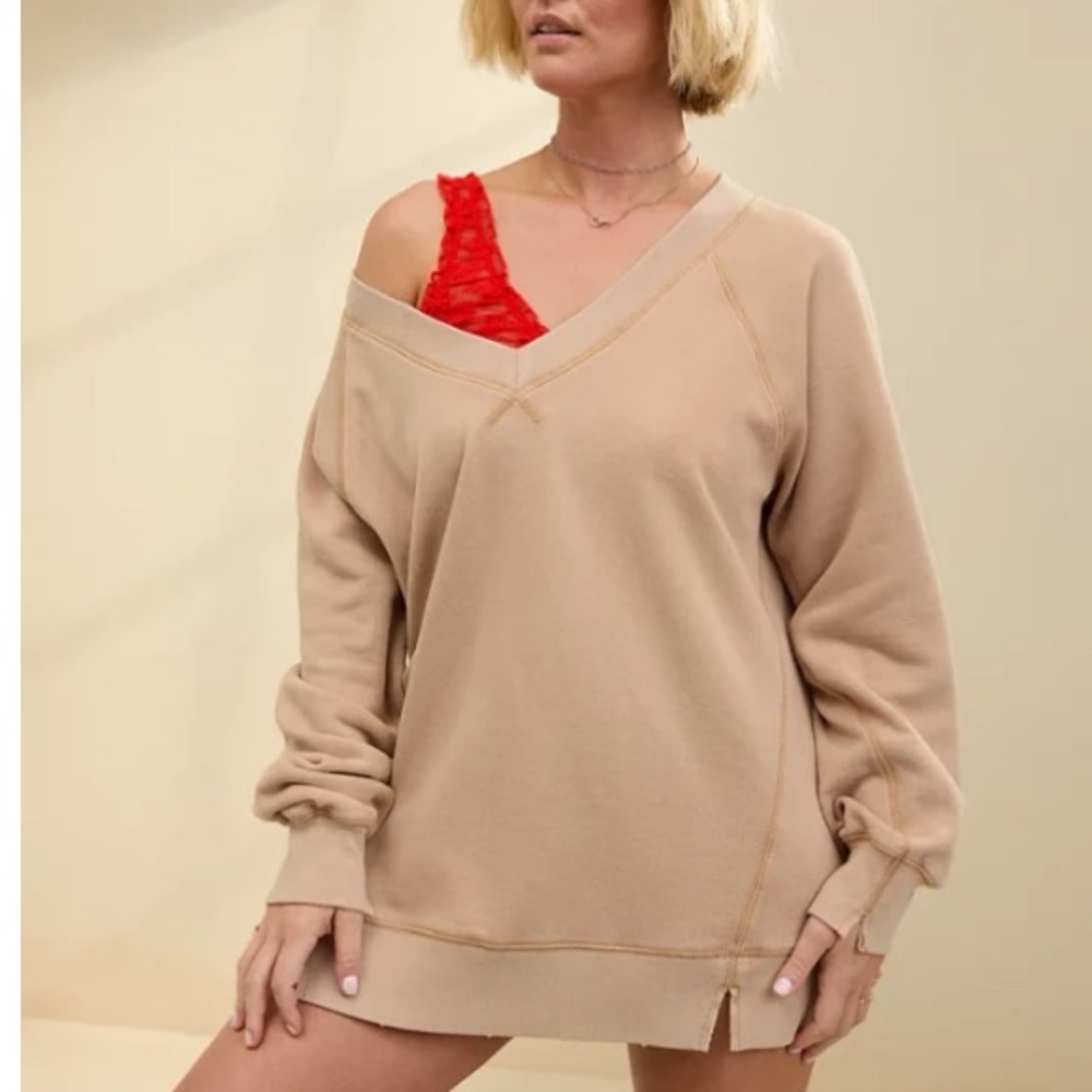 Aerie Downtime Textured V-Neck Sweatshirt Small